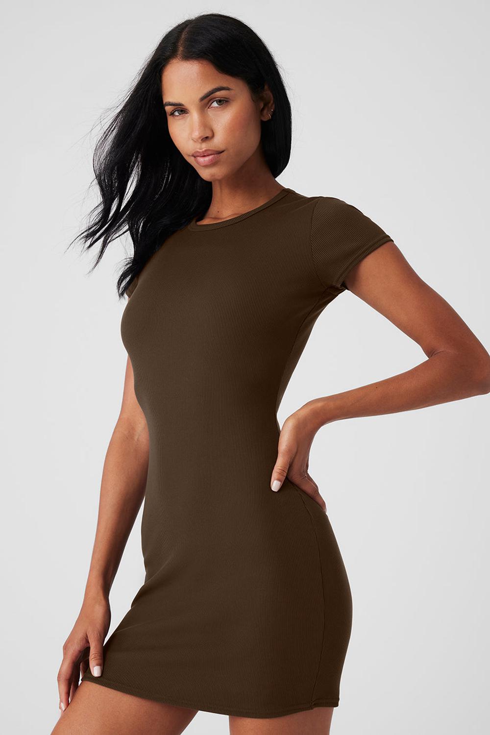 Espresso Women Alo Yoga Goddess Ribbed Short Sleeve Dress | Australia  94253-WRFJ