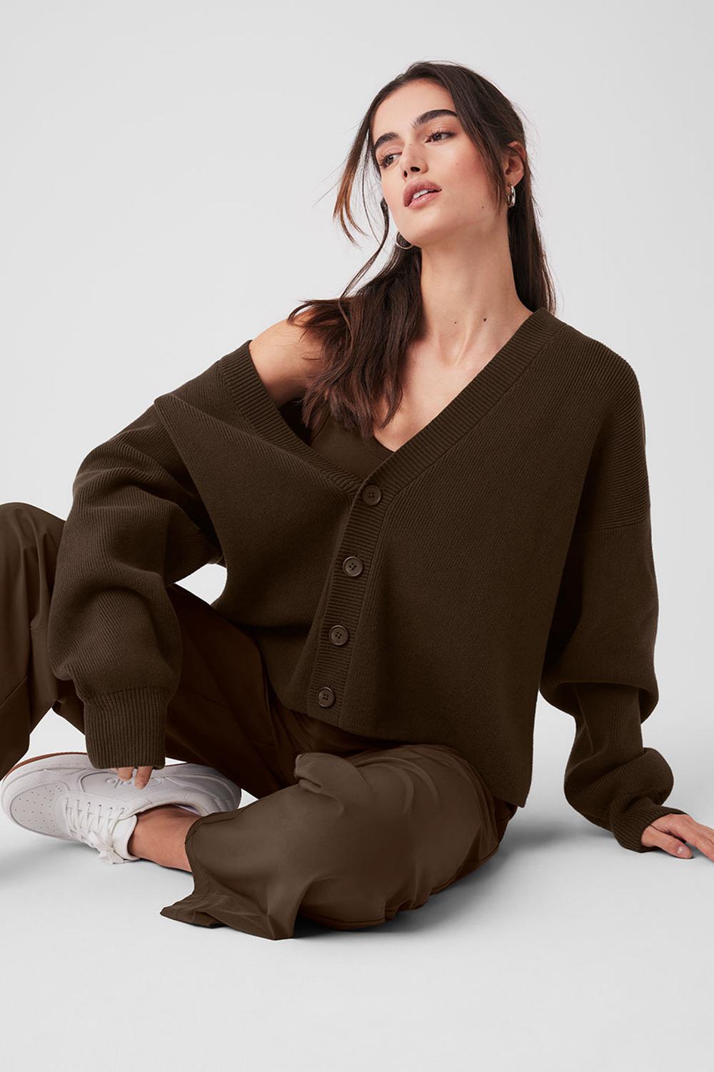 Espresso Women Alo Yoga Scholar Cardigan Sweater | Australia  75420-WJQI