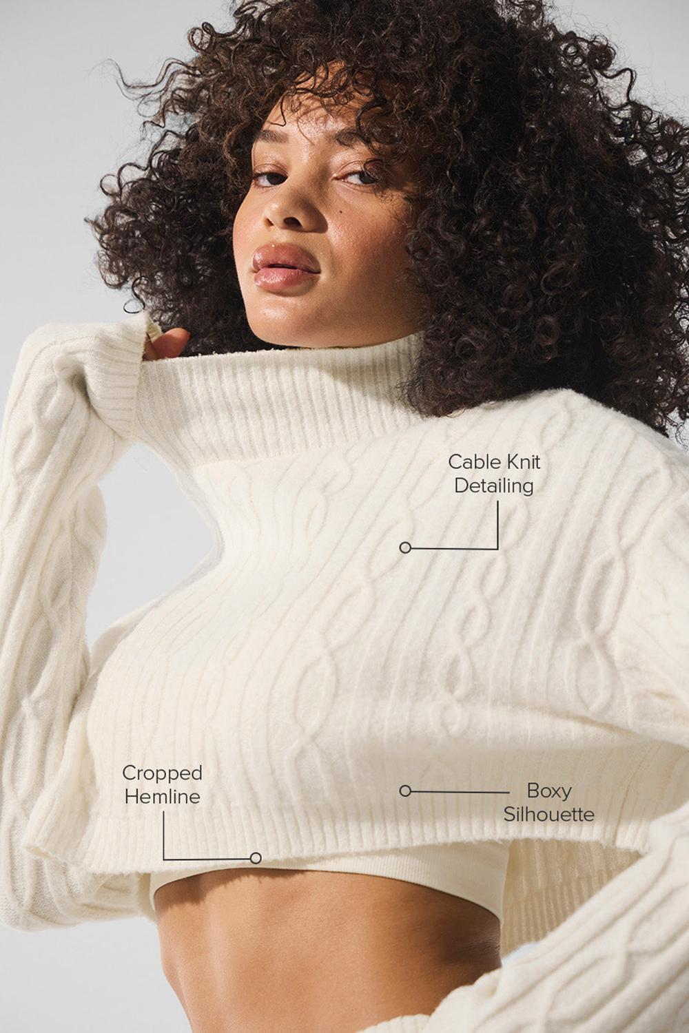 Ivory Women Alo Yoga Cable Knit Cropped Winter Bliss Turtleneck Long Sleeve | Australia  40976-TSJX