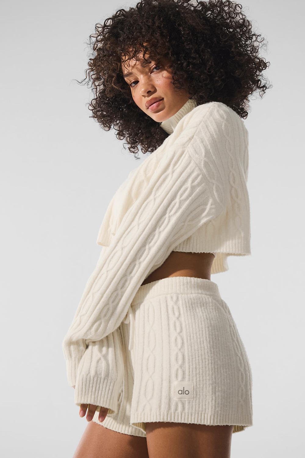 Ivory Women Alo Yoga Cable Knit Cropped Winter Bliss Turtleneck Long Sleeve | Australia  40976-TSJX