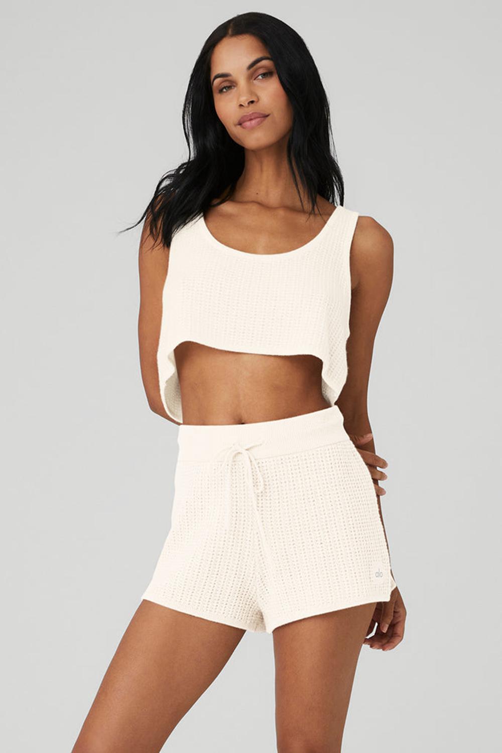 Ivory Women Alo Yoga Cashmere Plush Waffle Cropped Tank | Australia  96287-NQIX