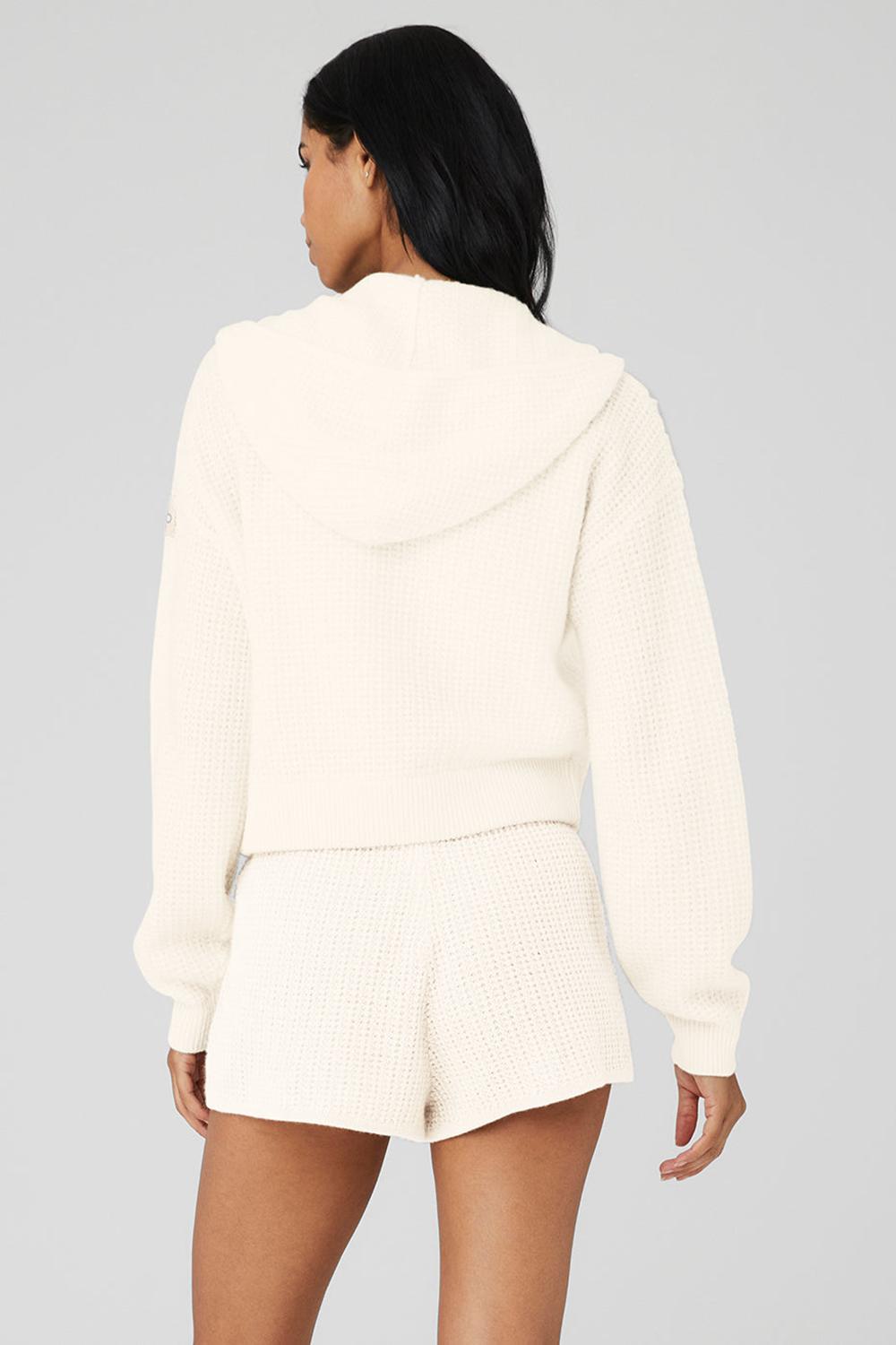 Ivory Women Alo Yoga Cashmere Plush Waffle Full Zip Hoodie | Australia  54978-MSXA
