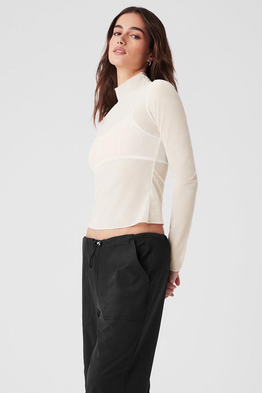 Ivory Women Alo Yoga Mesh Sheer Illusion Mock Neck Long Sleeve | Australia  62514-EWMR