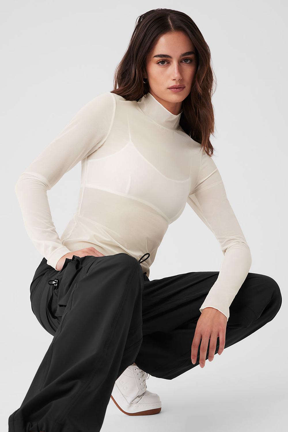 Ivory Women Alo Yoga Mesh Sheer Illusion Mock Neck Long Sleeve | Australia  62514-EWMR