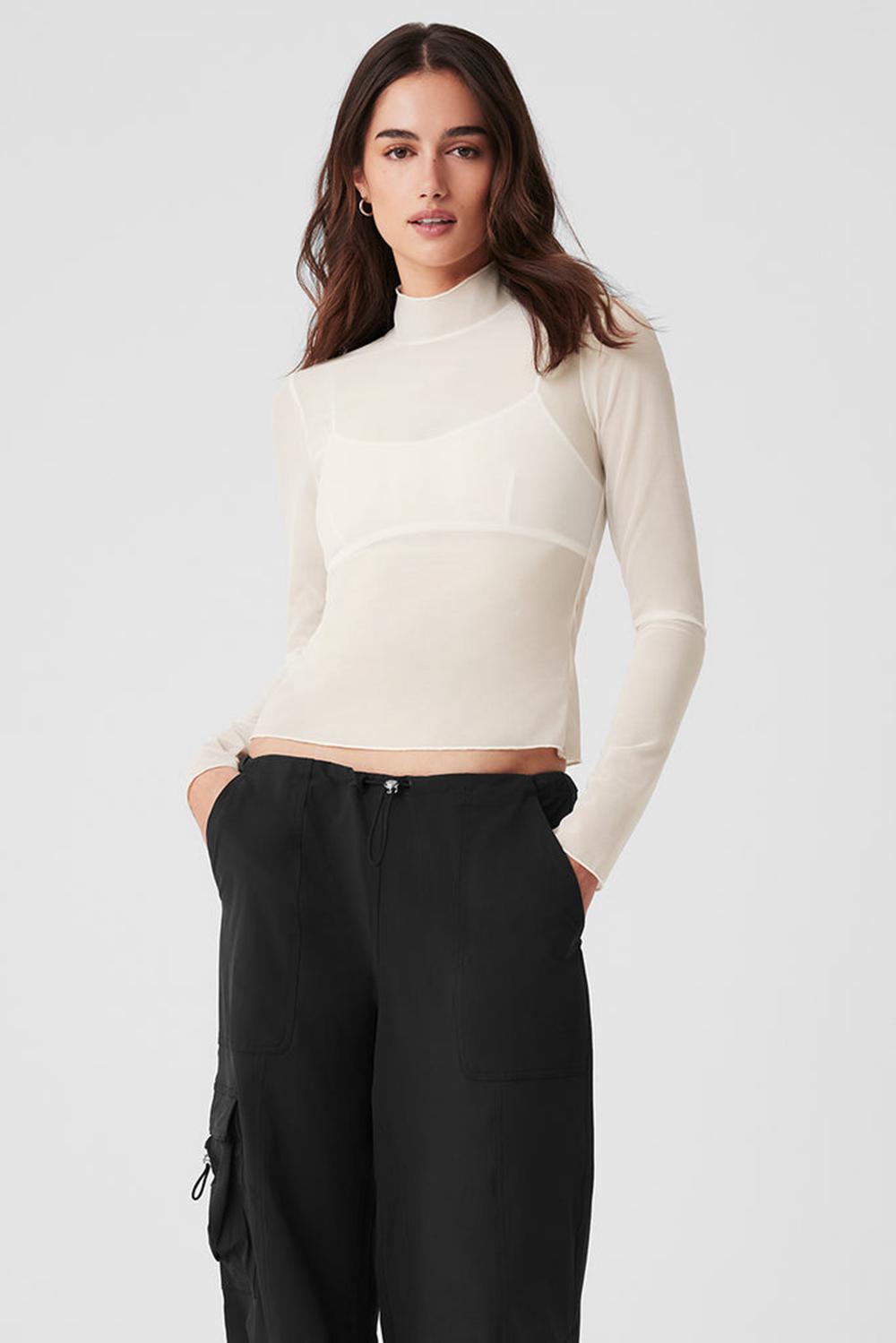 Ivory Women Alo Yoga Mesh Sheer Illusion Mock Neck Long Sleeve | Australia  62514-EWMR
