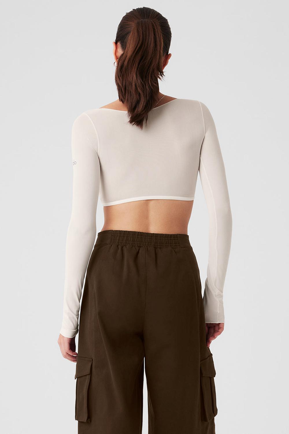 Ivory Women Alo Yoga Mesh Sheer Illusion Cropped Long Sleeve | Australia  91472-SEQY