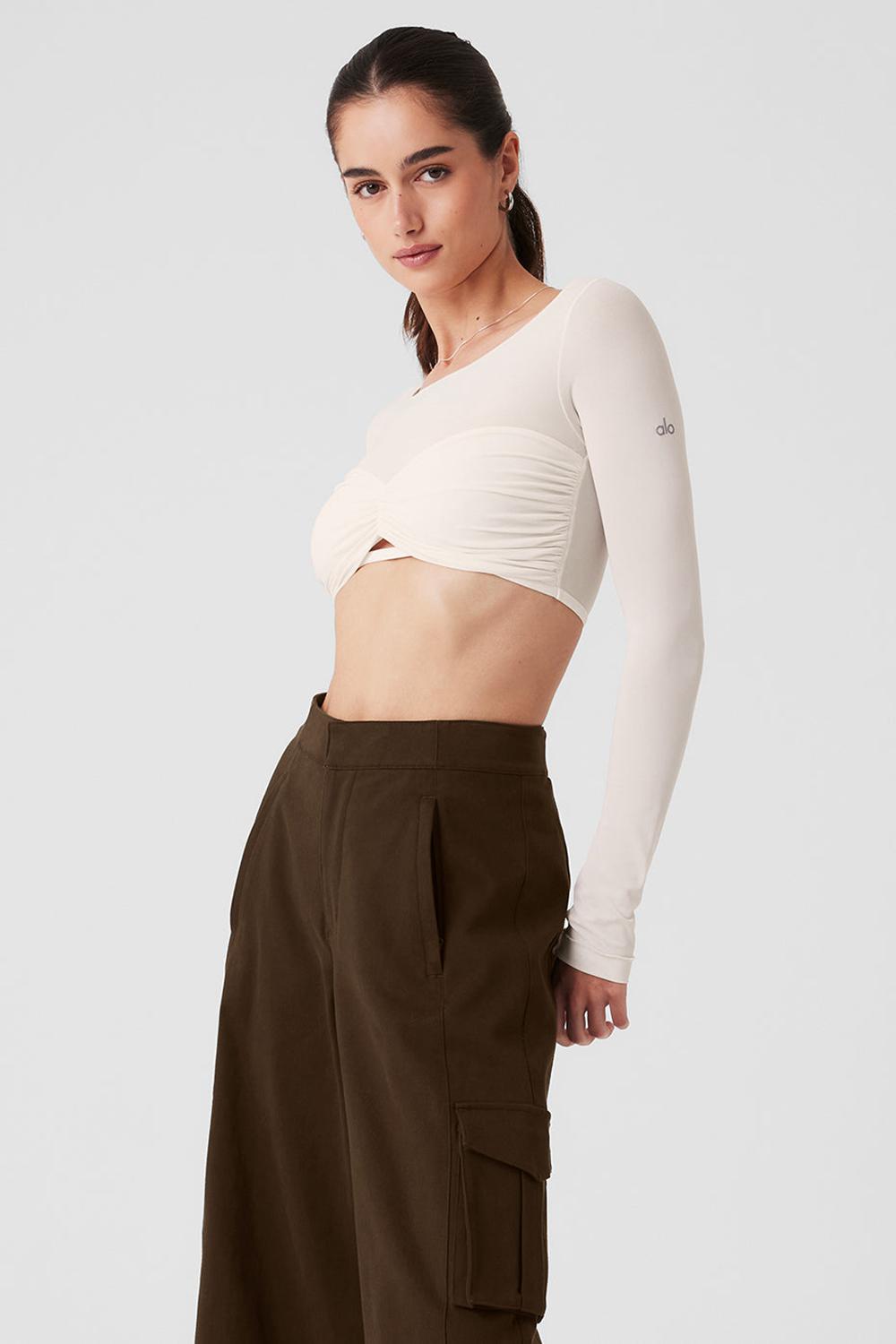 Ivory Women Alo Yoga Mesh Sheer Illusion Cropped Long Sleeve | Australia  91472-SEQY
