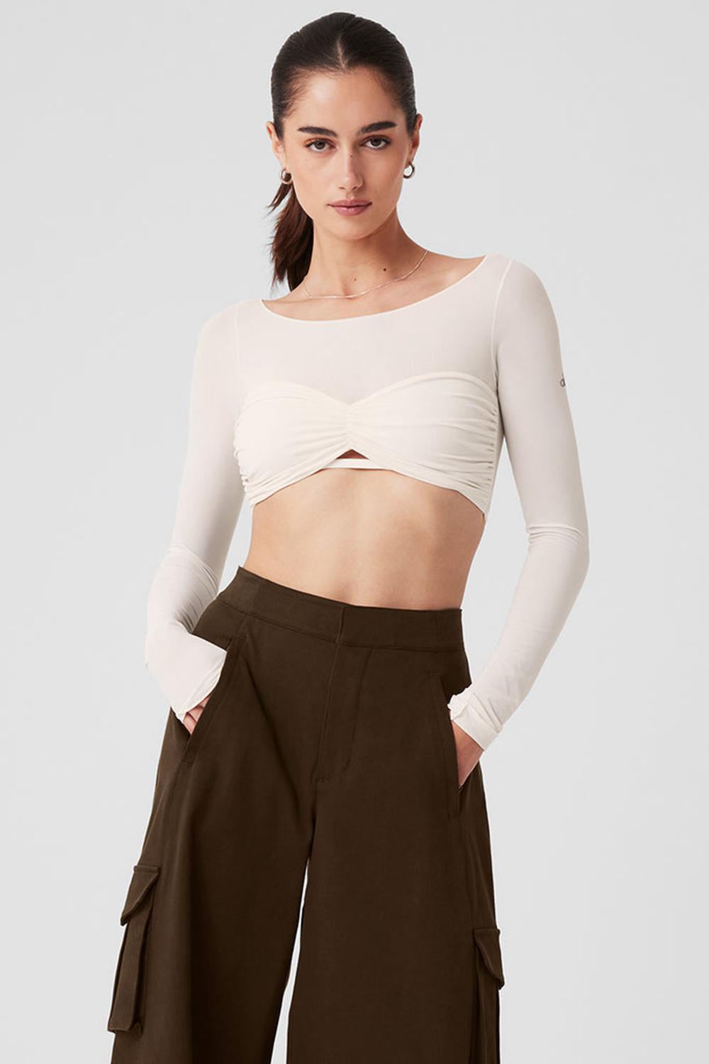 Ivory Women Alo Yoga Mesh Sheer Illusion Cropped Long Sleeve | Australia  91472-SEQY
