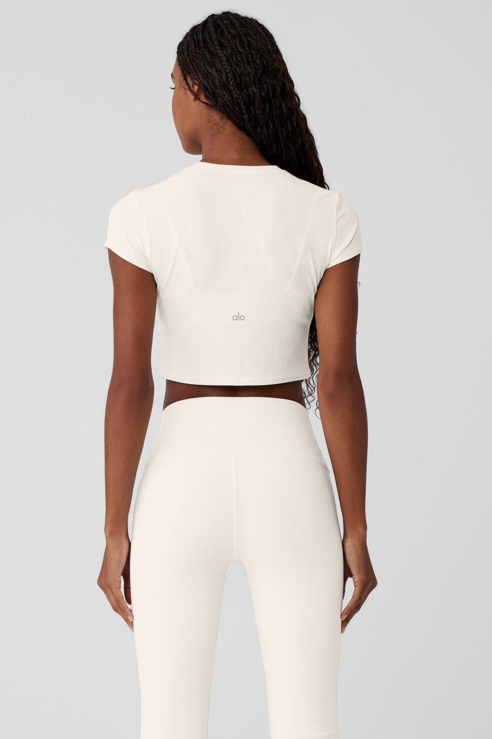 Ivory Women Alo Yoga Ribbed Sea Coast Cropped Sleeve Tee | Australia  79453-PIDJ