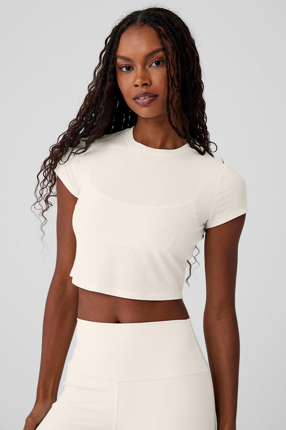 Ivory Women Alo Yoga Ribbed Sea Coast Cropped Sleeve Tee | Australia  79453-PIDJ