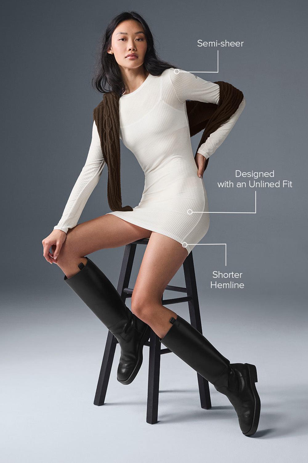 Ivory Women Alo Yoga Ribbed Sea Coast Long Sleeve Dress | Australia  01562-ORZG