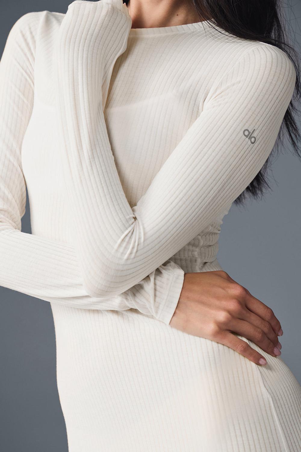 Ivory Women Alo Yoga Ribbed Sea Coast Long Sleeve Dress | Australia  01562-ORZG