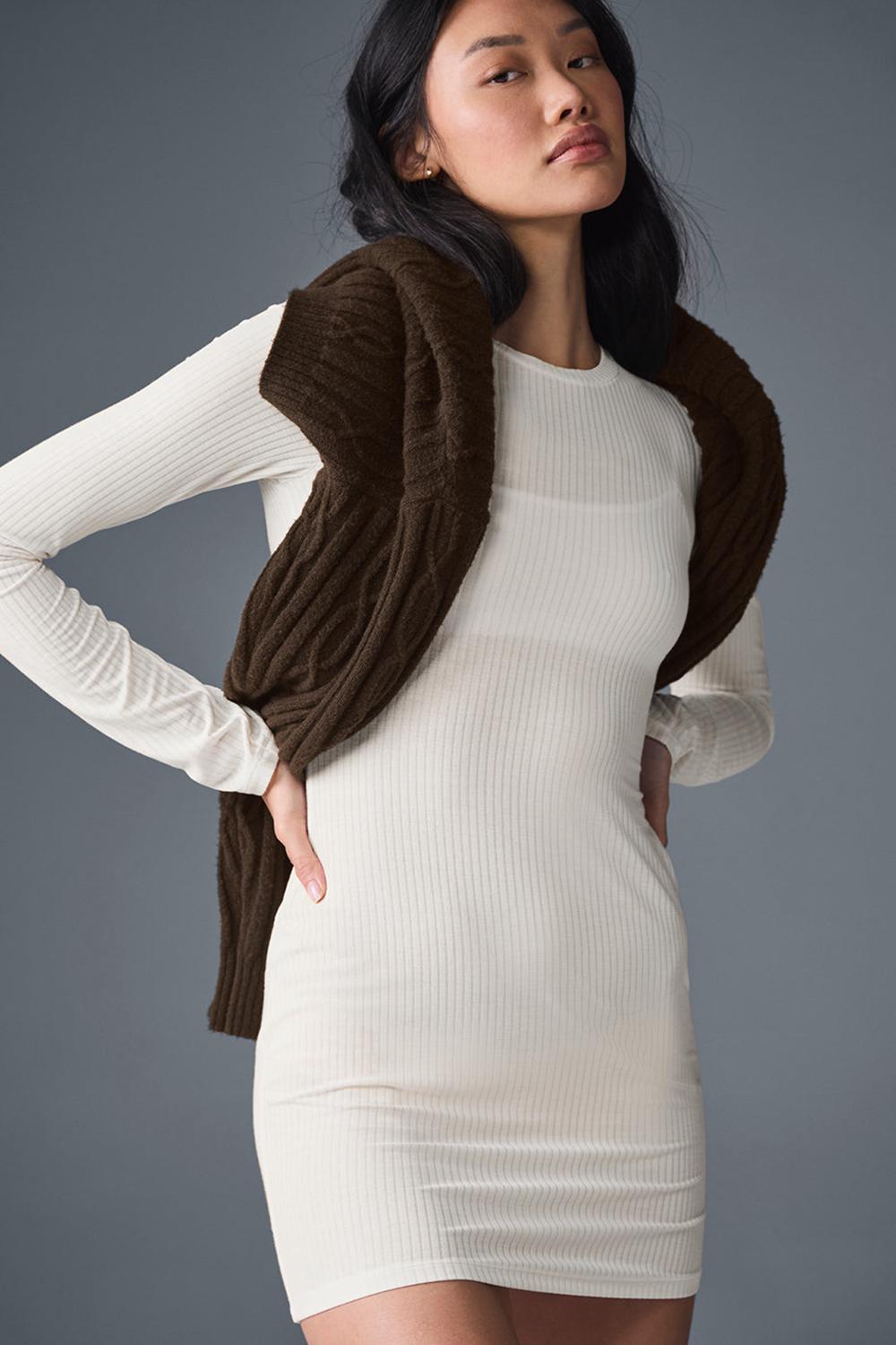 Ivory Women Alo Yoga Ribbed Sea Coast Long Sleeve Dress | Australia  01562-ORZG