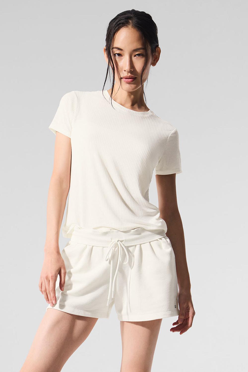 Ivory Women Alo Yoga Ribbed Sea Coast Tee | Australia  85123-UWQE