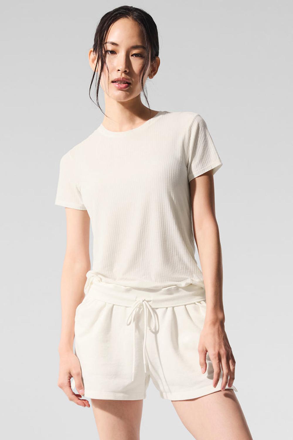 Ivory Women Alo Yoga Ribbed Sea Coast Tee | Australia  85123-UWQE