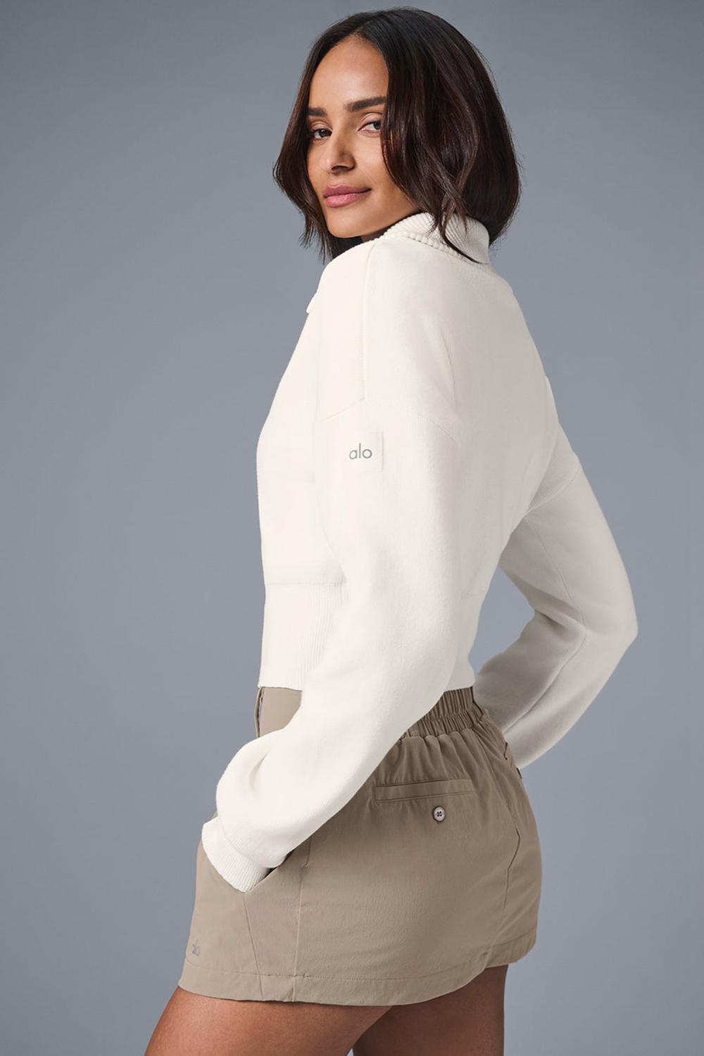 Ivory Women Alo Yoga Scholar Knit Cropped Full Zip Jacket | Australia  84921-MUCI