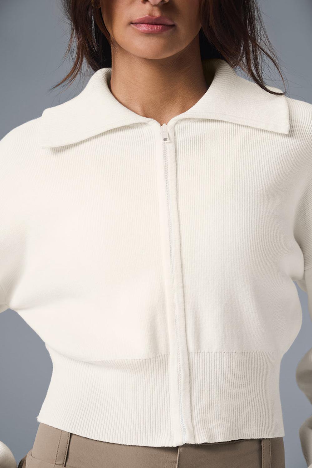 Ivory Women Alo Yoga Scholar Knit Cropped Full Zip Jacket | Australia  84921-MUCI