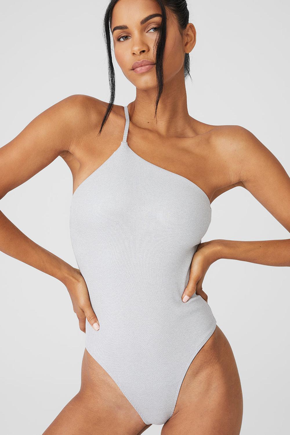 Light Grey Iridescent Women Alo Yoga Alosoft Ribbed Shimmer Plie Bodysuit | Australia  61892-MSKH