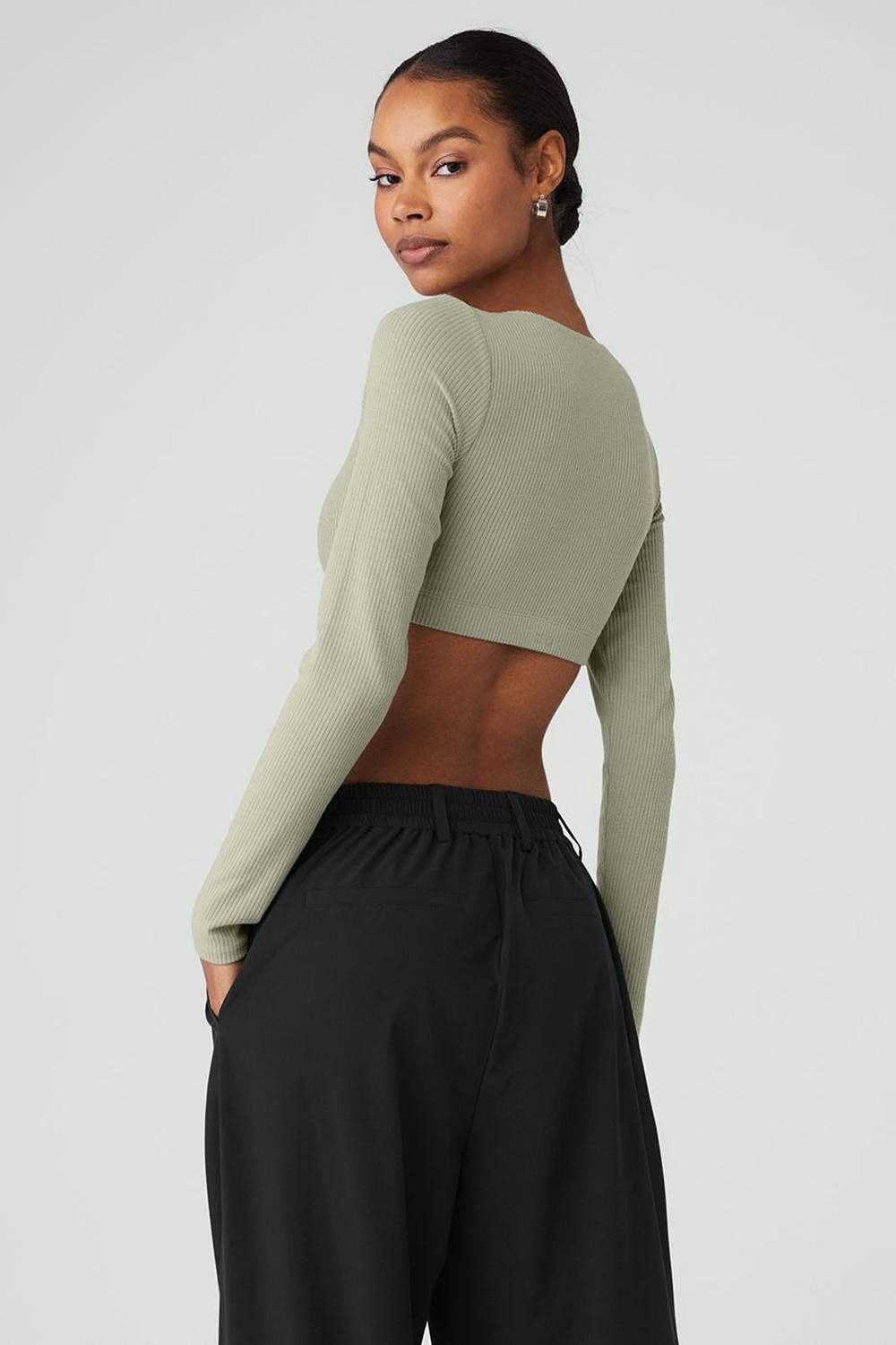 Limestone Women Alo Yoga Ribbed Defined Long Sleeve Bra | Australia  10958-PVIJ