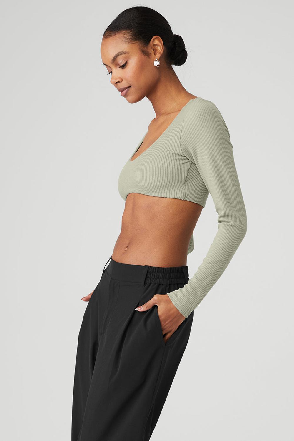Limestone Women Alo Yoga Ribbed Defined Long Sleeve Bra | Australia  10958-PVIJ
