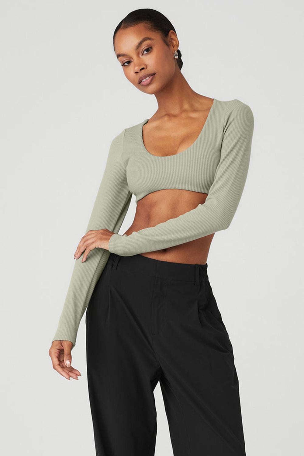 Limestone Women Alo Yoga Ribbed Defined Long Sleeve Bra | Australia  10958-PVIJ