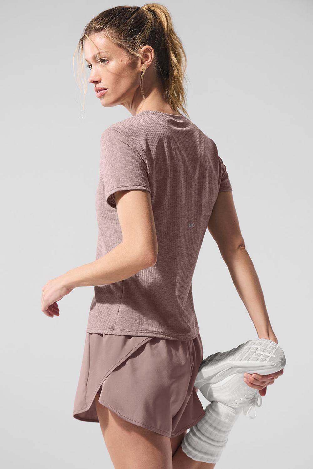 Mushroom Heather Women Alo Yoga Ribbed Sea Coast Tee | Australia  09873-IUCM