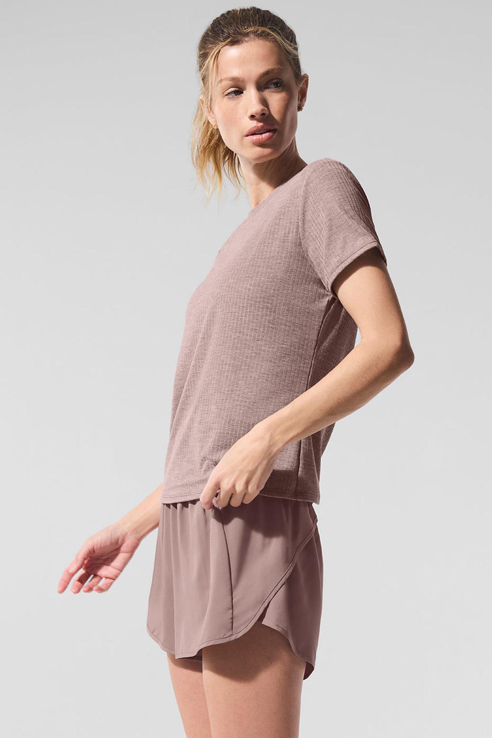 Mushroom Heather Women Alo Yoga Ribbed Sea Coast Tee | Australia  09873-IUCM