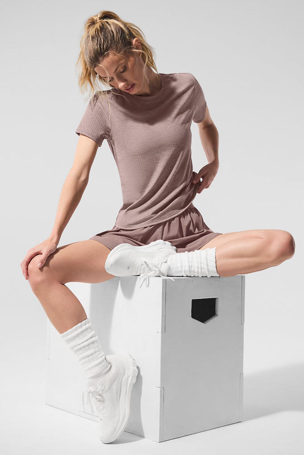 Mushroom Heather Women Alo Yoga Ribbed Sea Coast Tee | Australia  09873-IUCM