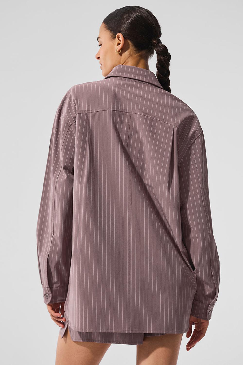 Mushroom / Ivory Women Alo Yoga Pinstripe Daylight Button Down Long Sleeve | Australia  69852-ANET