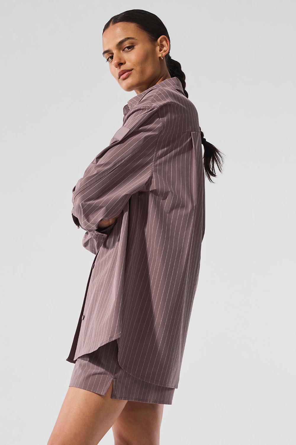 Mushroom / Ivory Women Alo Yoga Pinstripe Daylight Button Down Long Sleeve | Australia  69852-ANET