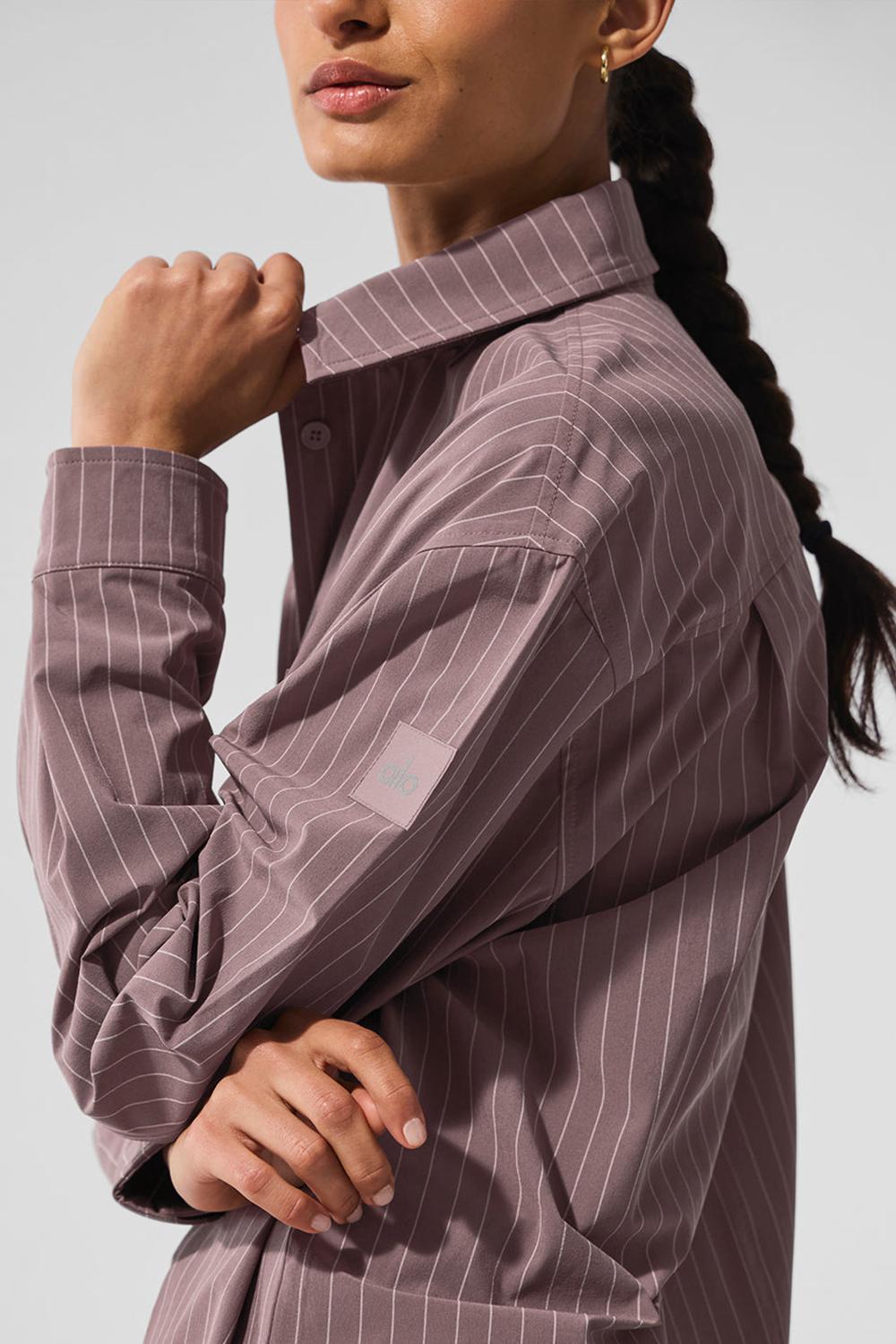 Mushroom / Ivory Women Alo Yoga Pinstripe Daylight Button Down Long Sleeve | Australia  69852-ANET