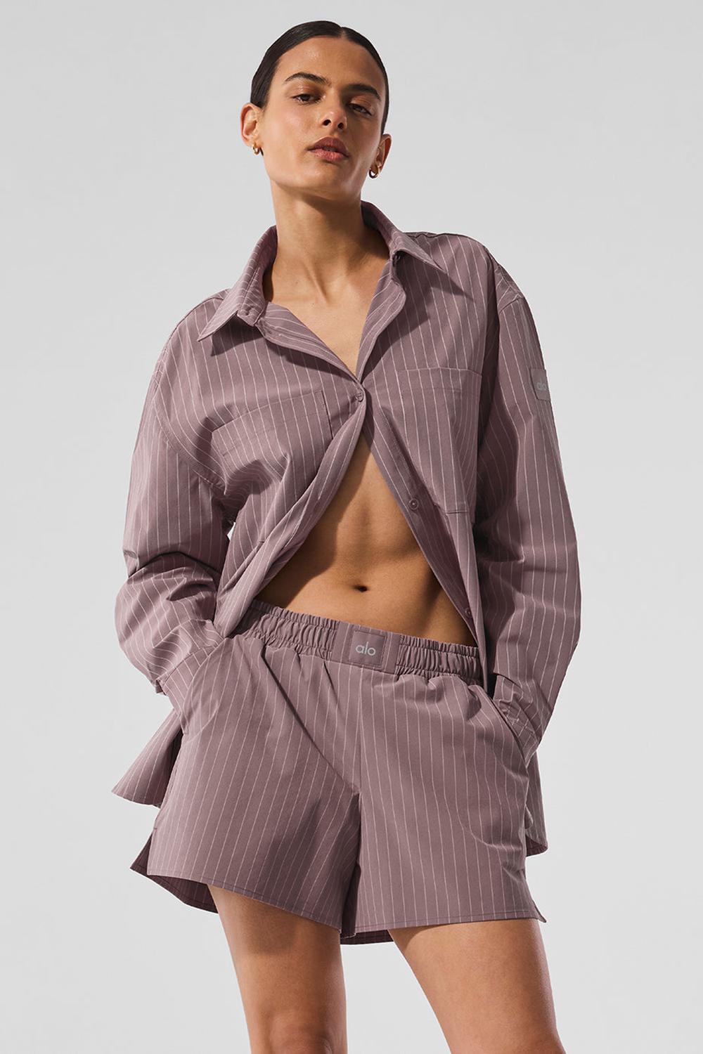 Mushroom / Ivory Women Alo Yoga Pinstripe Daylight Button Down Long Sleeve | Australia  69852-ANET