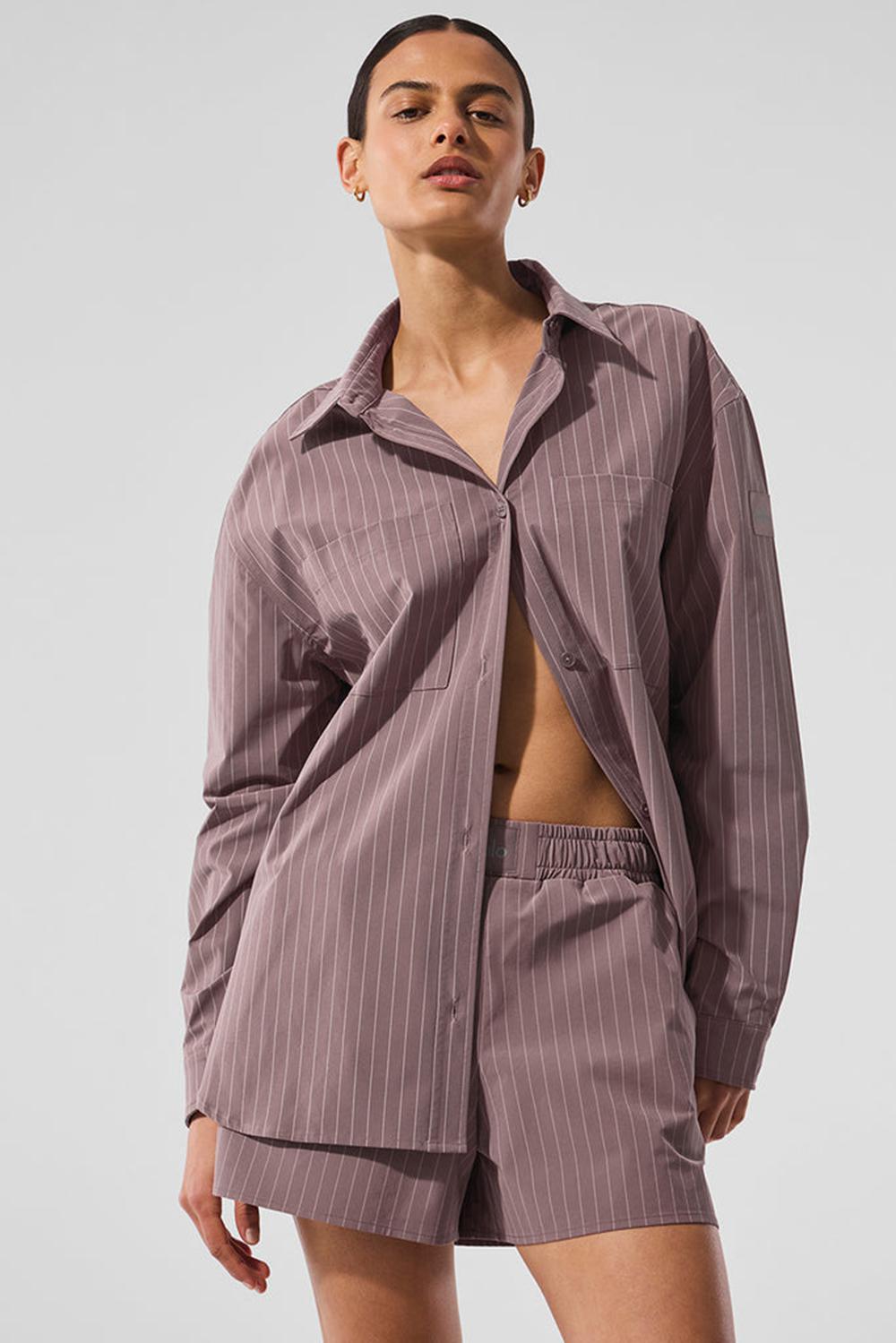 Mushroom / Ivory Women Alo Yoga Pinstripe Daylight Button Down Long Sleeve | Australia  69852-ANET