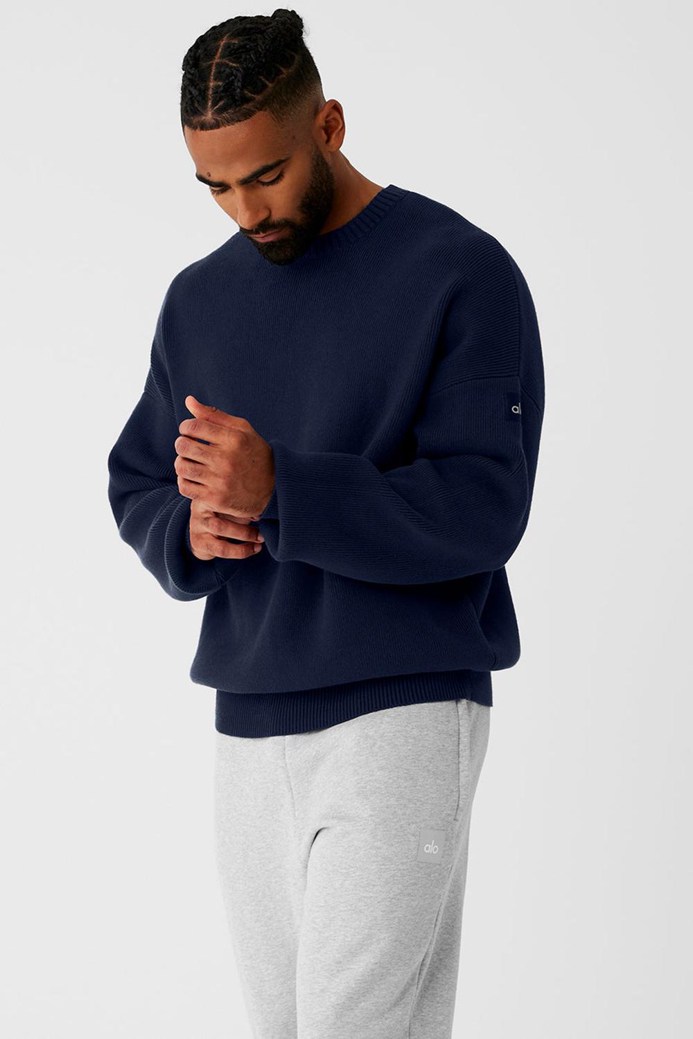 Navy Men Alo Yoga Scholar Crew Neck Sweater | Australia  09164-TPNL