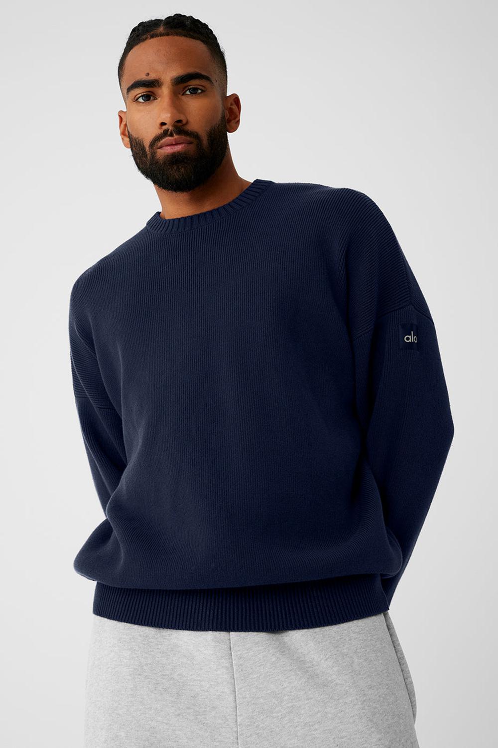 Navy Men Alo Yoga Scholar Crew Neck Sweater | Australia  09164-TPNL