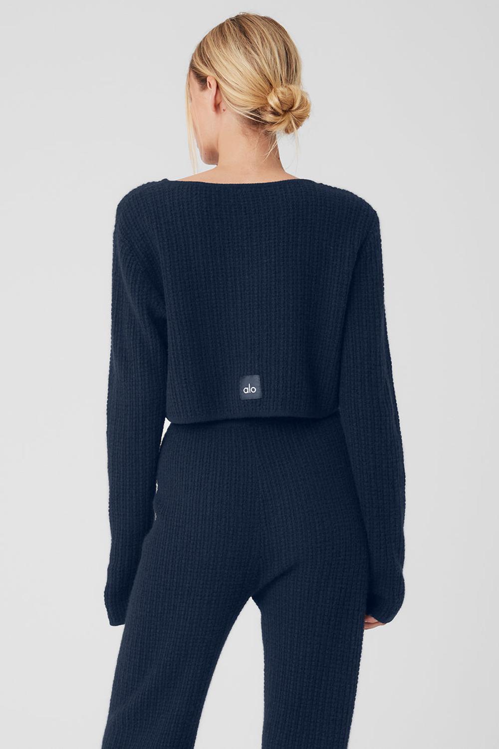 Navy Women Alo Yoga Cashmere Plush Waffle Cropped Long Sleeve | Australia  27813-CLUM