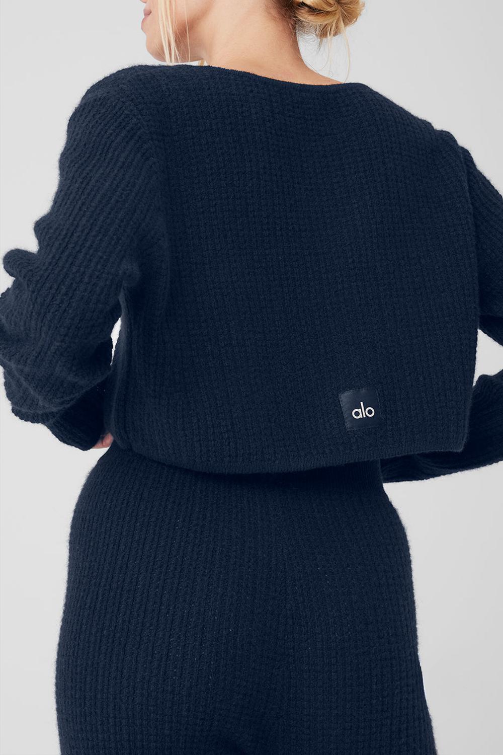 Navy Women Alo Yoga Cashmere Plush Waffle Cropped Long Sleeve | Australia  27813-CLUM