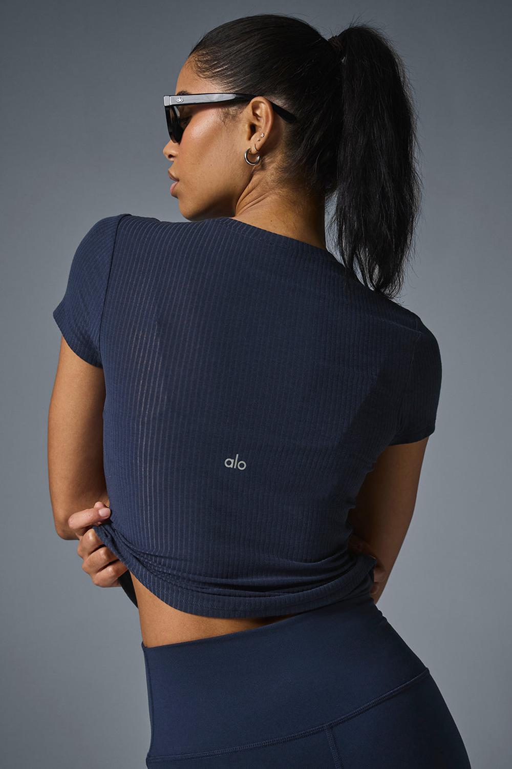 Navy Women Alo Yoga Ribbed Sea Coast Tee | Australia  13802-BHWU