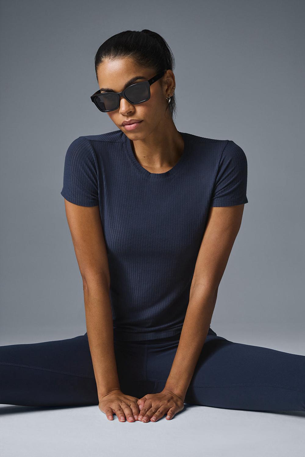 Navy Women Alo Yoga Ribbed Sea Coast Tee | Australia  13802-BHWU