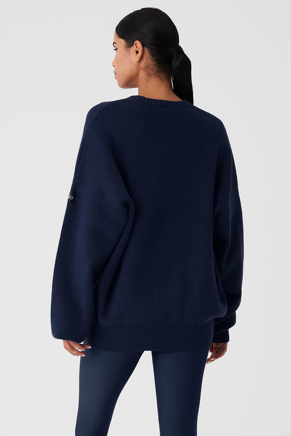 Navy Women Alo Yoga Scholar Crew Neck Sweater | Australia  64307-EXBR