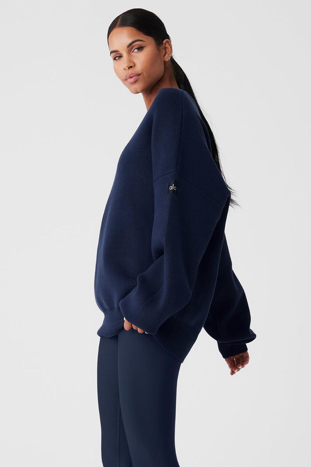 Navy Women Alo Yoga Scholar Crew Neck Sweater | Australia  64307-EXBR