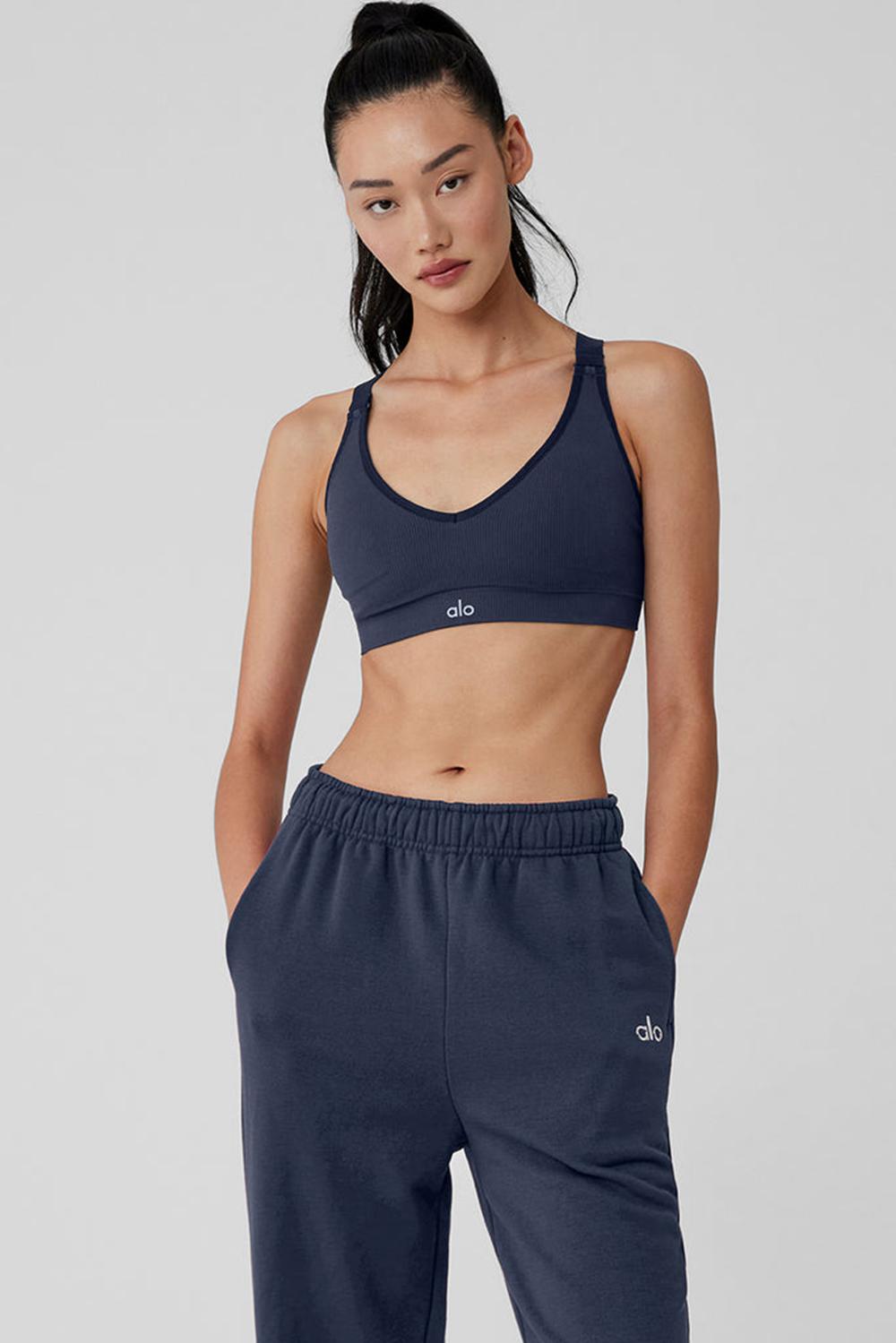 Navy Women Alo Yoga Seamless Ribbed Favorite Bra | Australia  80914-SAHB
