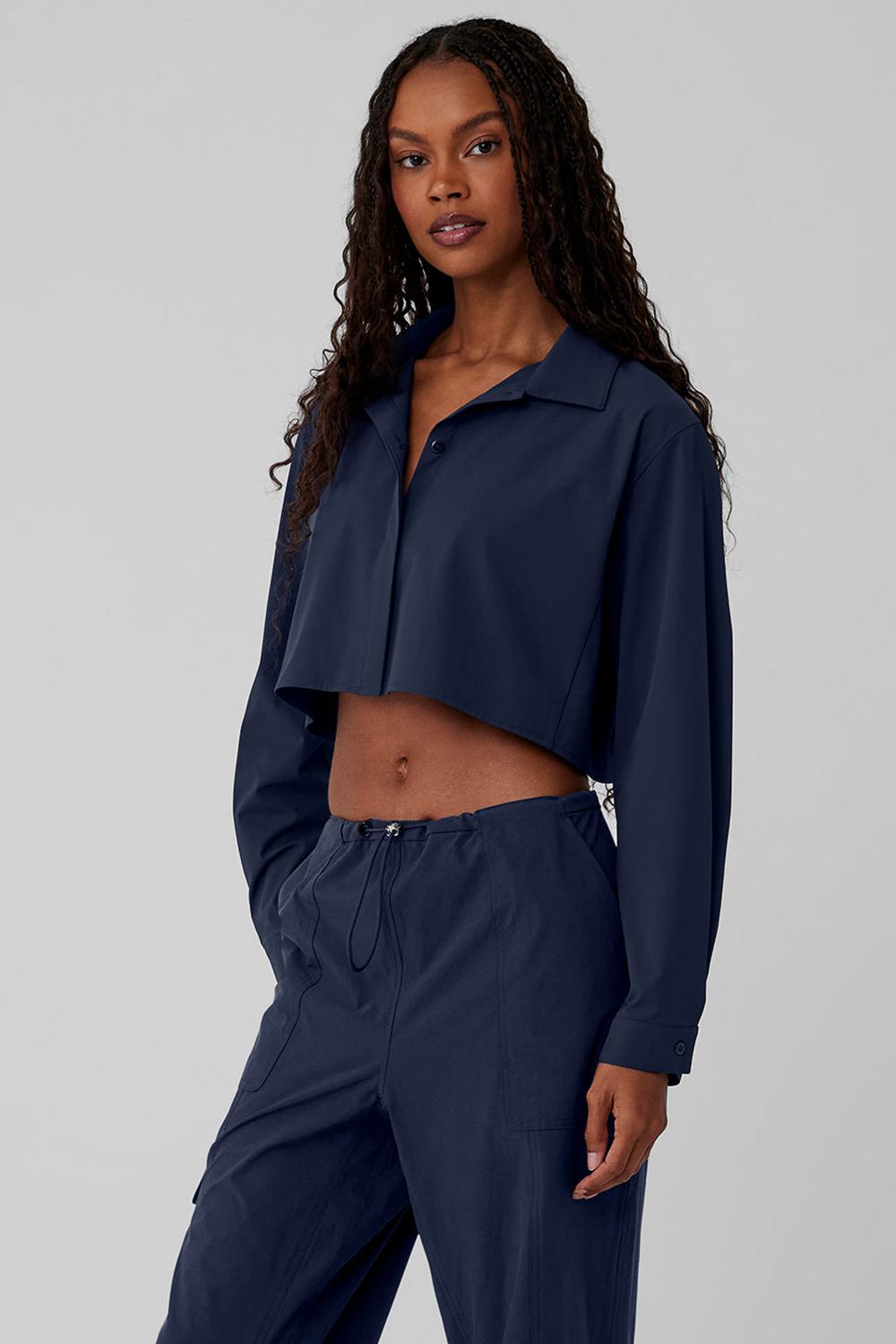 Navy Women Alo Yoga Take Me Out Button Up Cropped Tops | Australia  79254-MOAQ