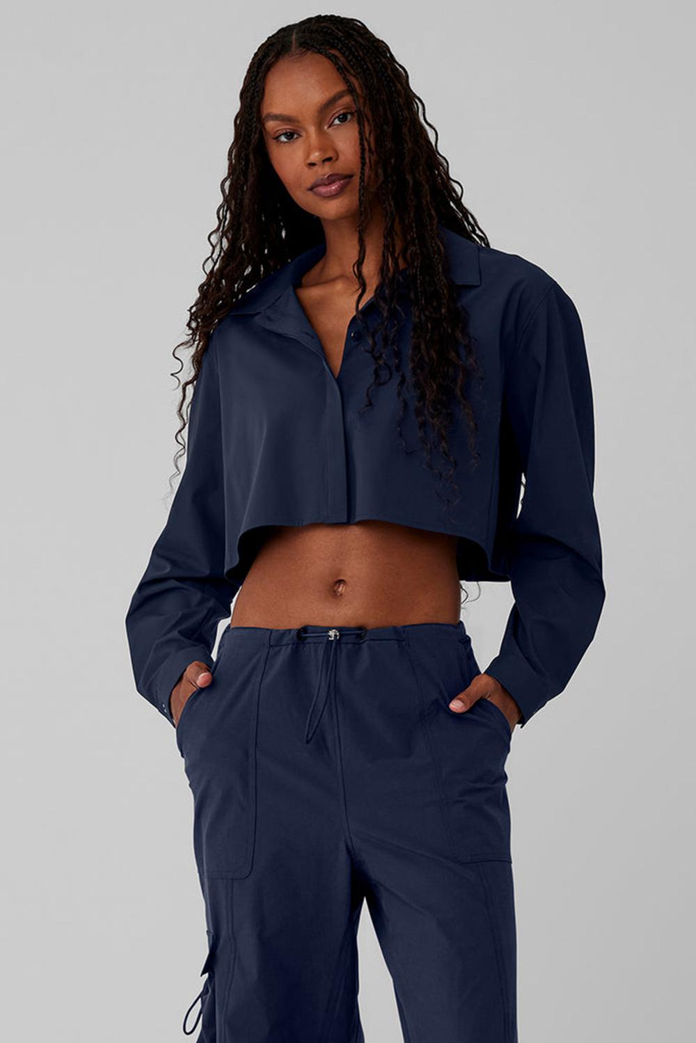 Navy Women Alo Yoga Take Me Out Button Up Cropped Tops | Australia  79254-MOAQ