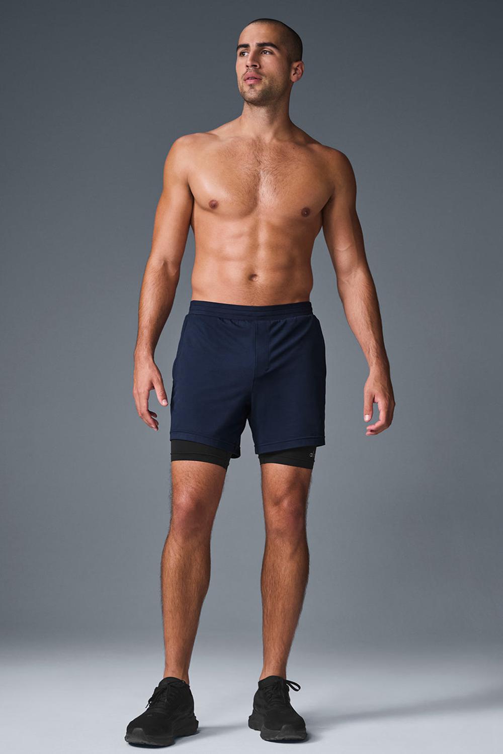 Navy / Black Men Alo Yoga Conquer React 2-In-1 Performance Short | Australia  48127-TXLB