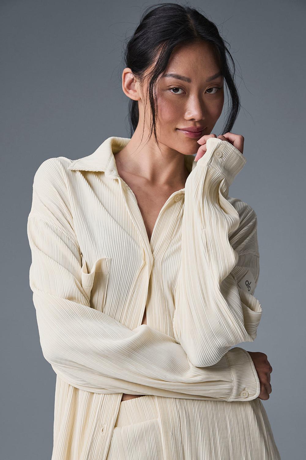 Oat Milk Women Alo Yoga Micro Plisse Shirt Dress | Australia  09541-BFTP
