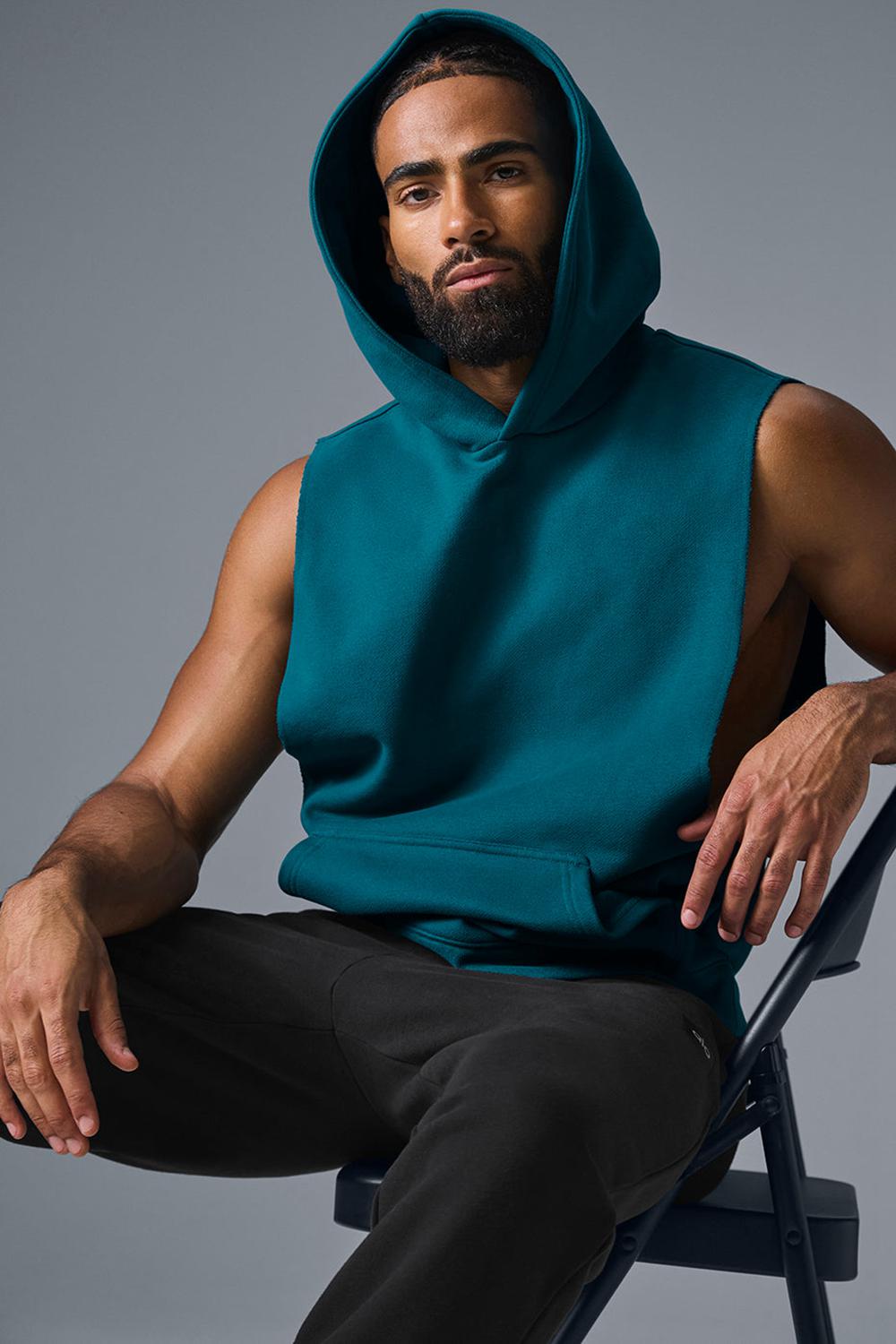 Oceanic Teal Men Alo Yoga Renown Sleeveless Hoodie | Australia  01739-WPSG