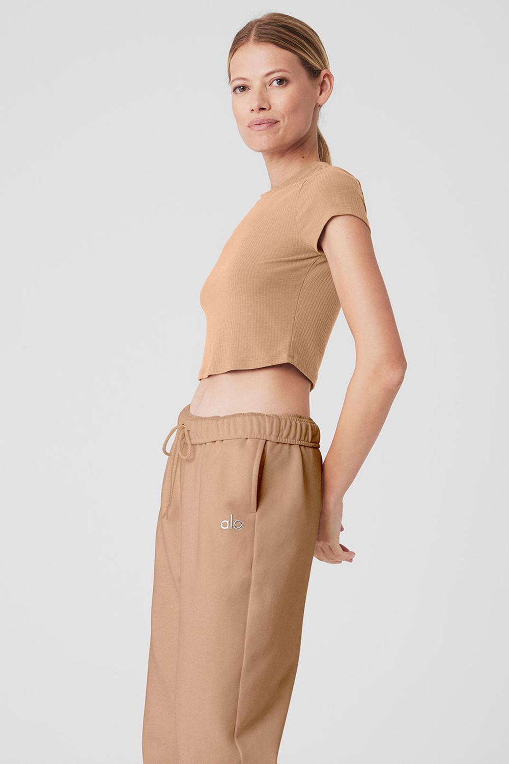 Toasted Almond Women Alo Yoga Ribbed Sea Coast Cropped Sleeve Tee | Australia  36548-MBJV