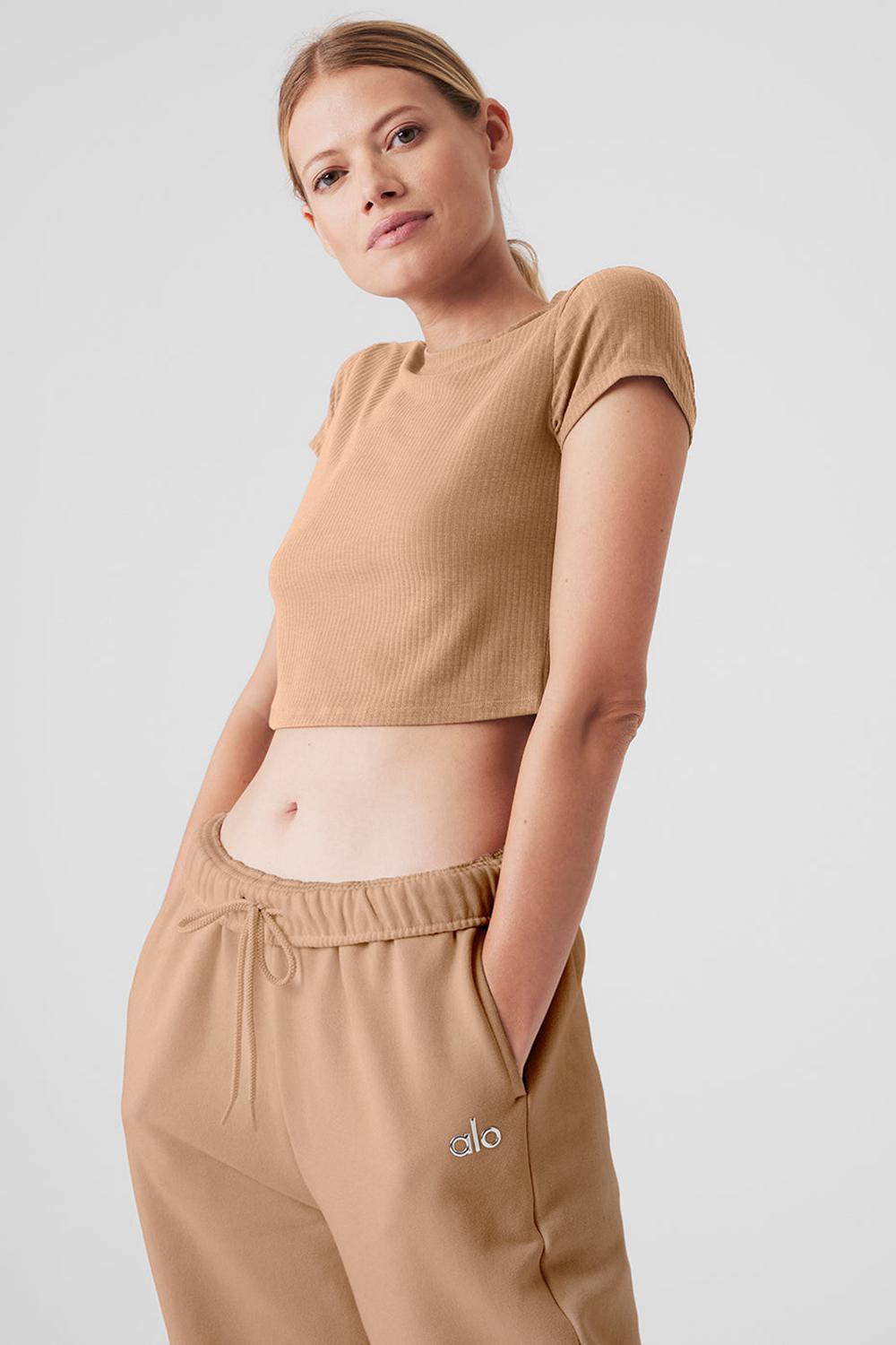Toasted Almond Women Alo Yoga Ribbed Sea Coast Cropped Sleeve Tee | Australia  36548-MBJV