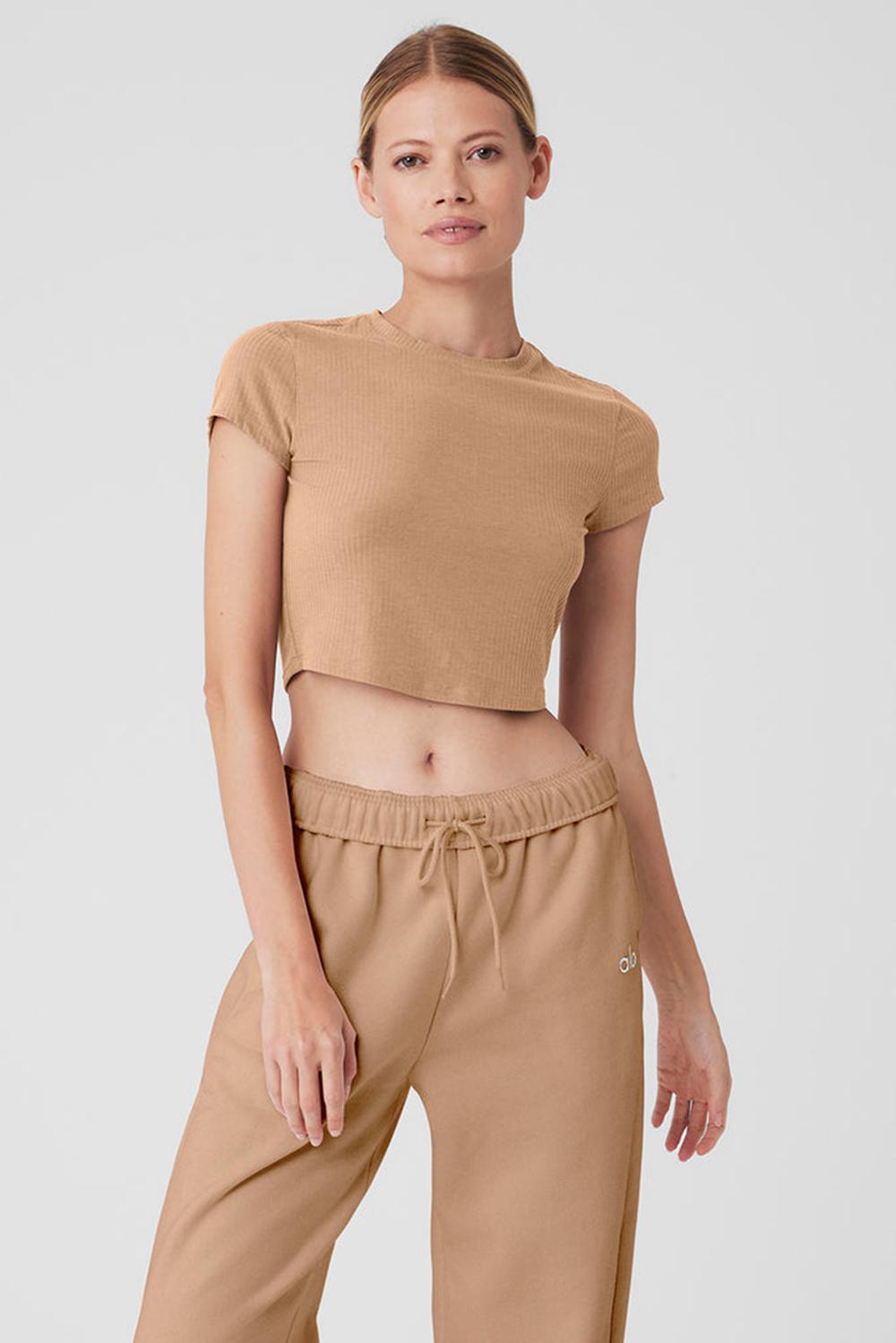 Toasted Almond Women Alo Yoga Ribbed Sea Coast Cropped Sleeve Tee | Australia  36548-MBJV